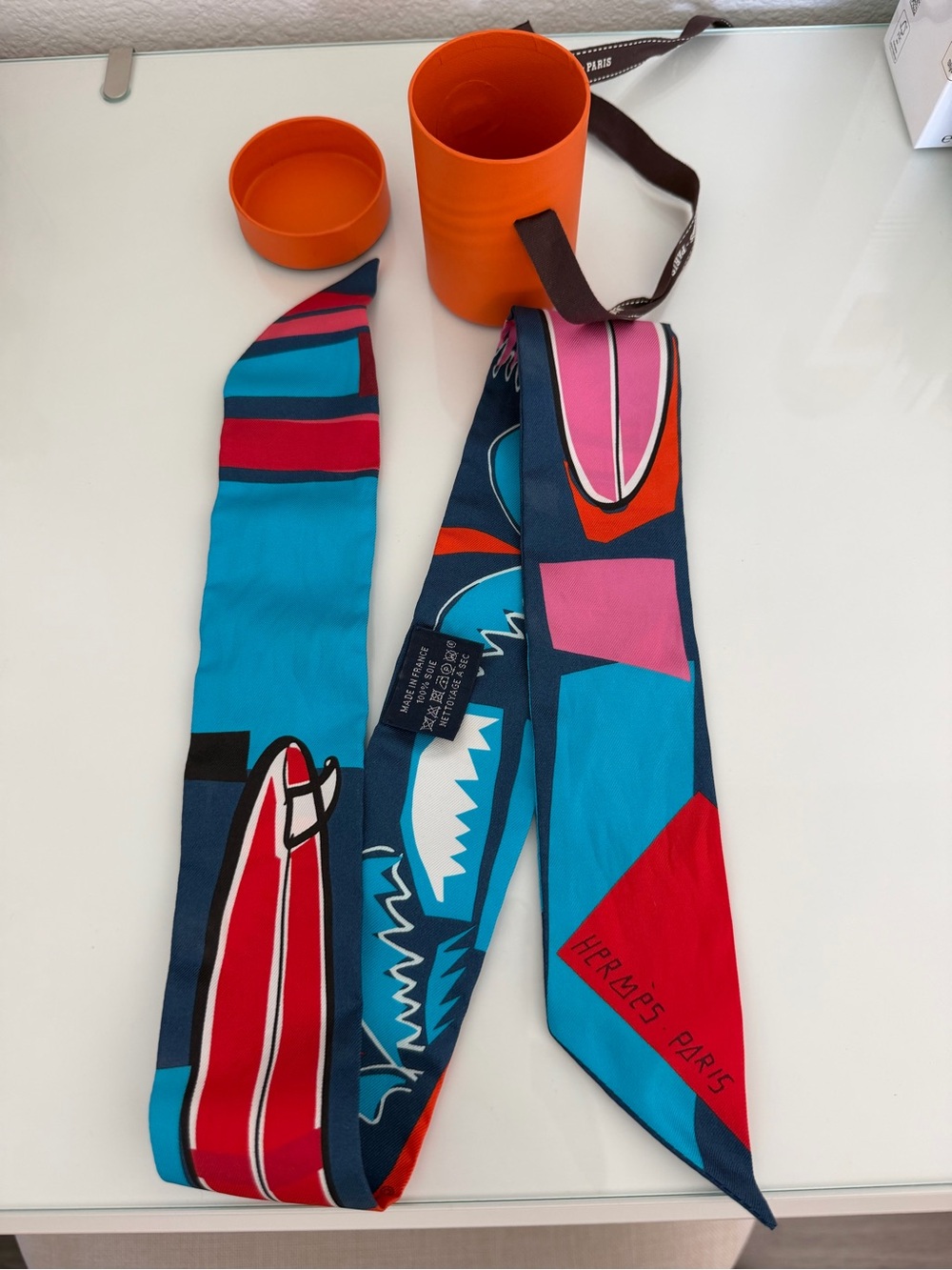 Hermès Silk Twilly in Bright Blue, Red & Pink